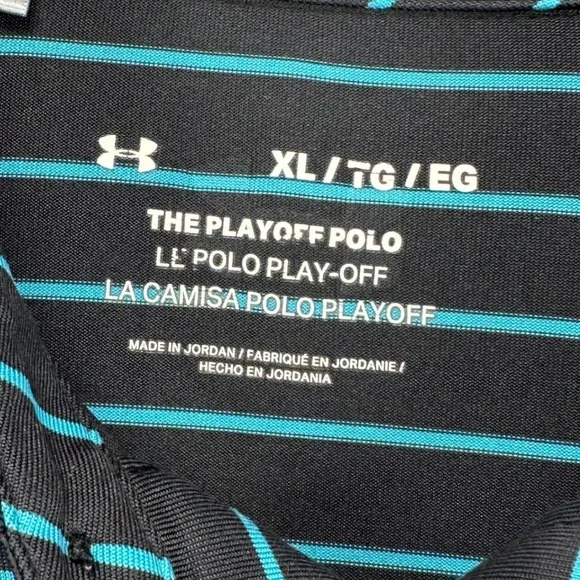 Under Armour Mens The Play Off Polo Shirt XL Black Blue Stripes Golf Rugby Logo